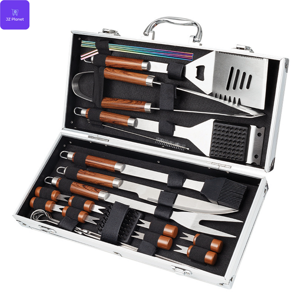 JZ Planet Barbecue Grill Tool Set – 24 PCS Stainless Steel BBQ Accessories with Storage Case – Heat-Resistant Handles, Skewers, Spatula, Tongs, Fork, Basting Brush – Grilling Kit for Outdoor Cooking