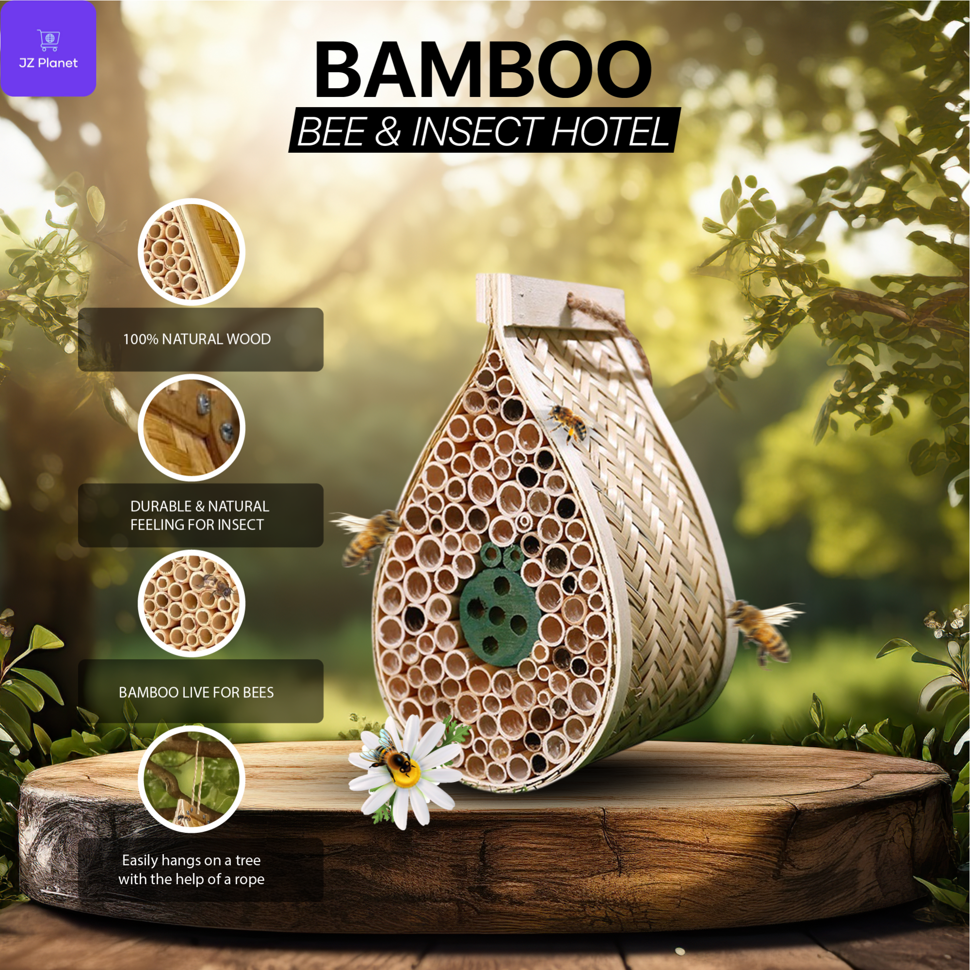 JZ Planet Bamboo Mason Beehive House – Tear Drop Pollinator Nest for Solitary Bees – Natural Garden Bee Habitat for Outdoor Beekeeping – Eco-Friendly Bamboo & Poplar Wood Insect Hotel for Yard & Balcony