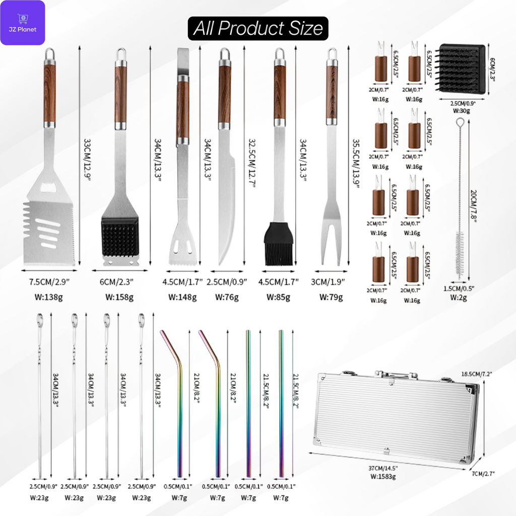 JZ Planet Barbecue Grill Tool Set – 24 PCS Stainless Steel BBQ Accessories with Storage Case – Heat-Resistant Handles, Skewers, Spatula, Tongs, Fork, Basting Brush – Grilling Kit for Outdoor Cooking