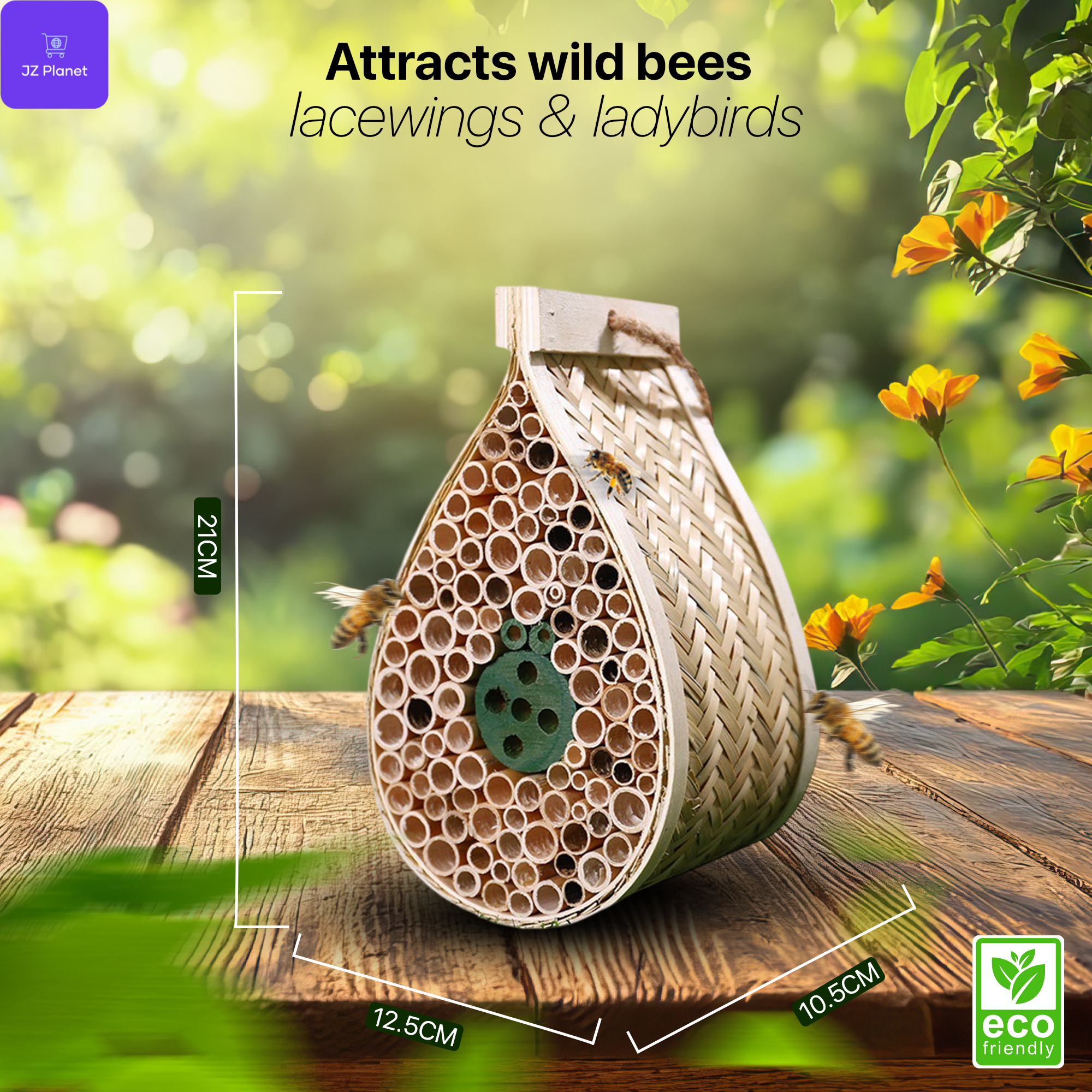 JZ Planet Bamboo Mason Beehive House – Tear Drop Pollinator Nest for Solitary Bees – Natural Garden Bee Habitat for Outdoor Beekeeping – Eco-Friendly Bamboo & Poplar Wood Insect Hotel for Yard & Balcony