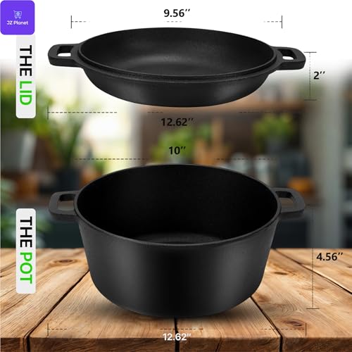 JZ Planet 6L Cast Iron Pot with Functional Pan Lid - 2-in-1 Dutch Oven & Skillet Combo, 4.8L Capacity, 32cm - Heavy-Duty Cast Iron Casserole with Lid/Grill Pan - For Stovetop, Oven & Campfire Cooking