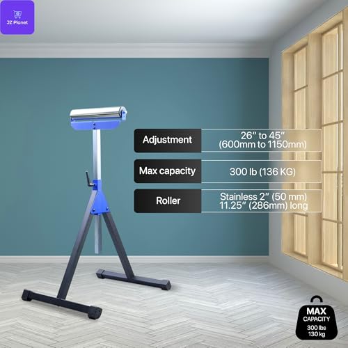 JZ Planet 1 Pack Folding Roller Stand - Heavy-Duty Steel Construction, 60kg Load Capacity - Adjustable Support Stand with Smooth Roller Head - Ideal for Woodworking, Cutting, & Material Feeding