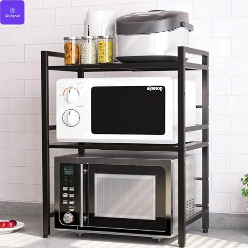 JZ Planet Microwave Double Shelf - 2-Tier Adjustable Metal Rack with Hooks, Knife Holder, Cutting Board & Chopstick Organizer - Space-Saving Counter Storage Rack (Black/White)
