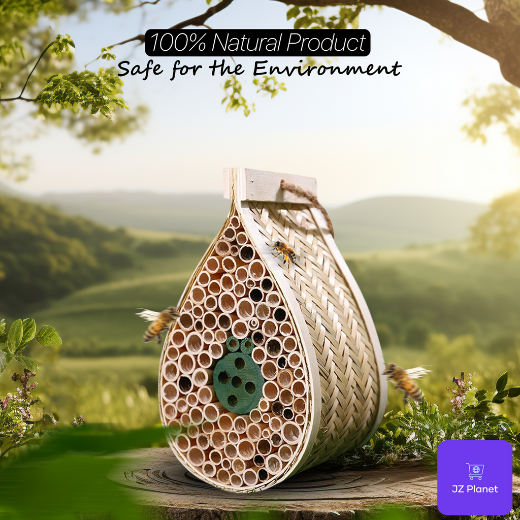 JZ Planet Bamboo Mason Beehive House – Tear Drop Pollinator Nest for Solitary Bees – Natural Garden Bee Habitat for Outdoor Beekeeping – Eco-Friendly Bamboo & Poplar Wood Insect Hotel for Yard & Balcony