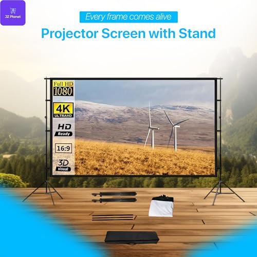 JZ Planet 120" Portable Movie Projector Screen - 16:9 HD Foldable Projection Screen with Black Border - Wrinkle-Free Polyester with Steel Frame - Indoor & Outdoor Theater, Presentations, Camping