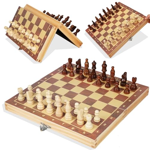 JZ Planet Wooden Chess & Checkers 2-in-1 Game Set - Folding Magnetic Board with Storage & Drawstring Bag - Premium Wooden Pieces - Travel Friendly Strategy Board Game for Kids & Adults