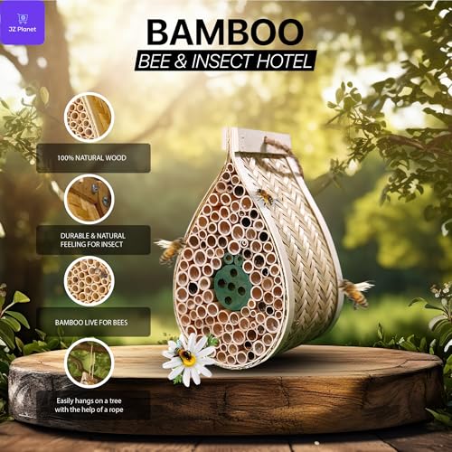 Bamboo Mason Beehive House - Tear Drop Pollinator Nest for Solitary Bees - Natural Garden Bee Habitat for Outdoor Beekeeping - Eco-Friendly Bamboo & Poplar Wood Insect Hotel for Yard & Balcony