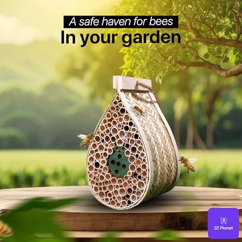 Bamboo Mason Beehive House - Tear Drop Pollinator Nest for Solitary Bees - Natural Garden Bee Habitat for Outdoor Beekeeping - Eco-Friendly Bamboo & Poplar Wood Insect Hotel for Yard & Balcony