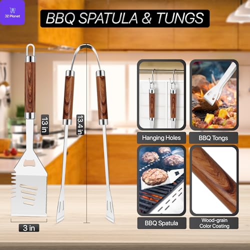 JZ Planet Barbecue Grill Tool Set - 24 PCS Stainless Steel BBQ Accessories with Storage Case - Heat-Resistant Handles, Skewers, Spatula, Tongs, Fork, Basting Brush - Grilling Kit for Outdoor Cooking