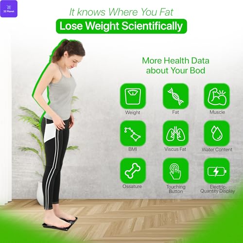 JZ Planet Bluetooth Smart Body Fat Scale - White Digital Weight Scale with App Sync, USB Rechargeable, 13 Body Metrics, LED Display - Slim ABS+Glass Design for Home, Gym, Fitness & Wellness Tracking