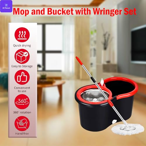 JZ Planet Spin Mop & Bucket Set with 2 Microfiber Mop Heads – 360° Rotating Stainless Steel Handle (90–120cm), Durable ABS Bucket – Compact Cleaning System for Home, Office & Multi-Surface Floors