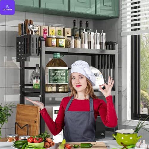 JZ Planet Microwave Double Shelf - 2-Tier Adjustable Metal Rack with Hooks, Knife Holder, Cutting Board & Chopstick Organizer - Space-Saving Counter Storage Rack (Black/White)