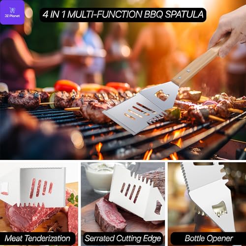 JZ Planet Barbecue Grill Tool Set - 24 PCS Stainless Steel BBQ Accessories with Storage Case - Heat-Resistant Handles, Skewers, Spatula, Tongs, Fork, Basting Brush - Grilling Kit for Outdoor Cooking