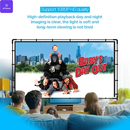 JZ Planet 120" Portable Movie Projector Screen - 16:9 HD Foldable Projection Screen with Black Border - Wrinkle-Free Polyester with Steel Frame - Indoor & Outdoor Theater, Presentations, Camping