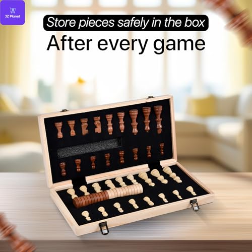 JZ Planet Wooden Chess & Checkers 2-in-1 Game Set - Folding Magnetic Board with Storage & Drawstring Bag - Premium Wooden Pieces - Travel Friendly Strategy Board Game for Kids & Adults
