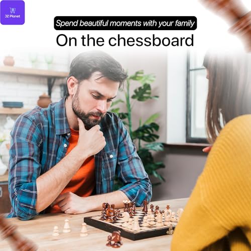 JZ Planet Wooden Chess & Checkers 2-in-1 Game Set - Folding Magnetic Board with Storage & Drawstring Bag - Premium Wooden Pieces - Travel Friendly Strategy Board Game for Kids & Adults