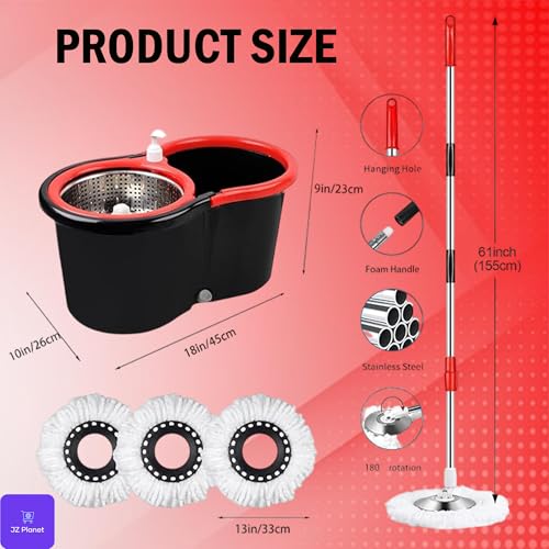 JZ Planet Spin Mop & Bucket Set with 2 Microfiber Mop Heads – 360° Rotating Stainless Steel Handle (90–120cm), Durable ABS Bucket – Compact Cleaning System for Home, Office & Multi-Surface Floors