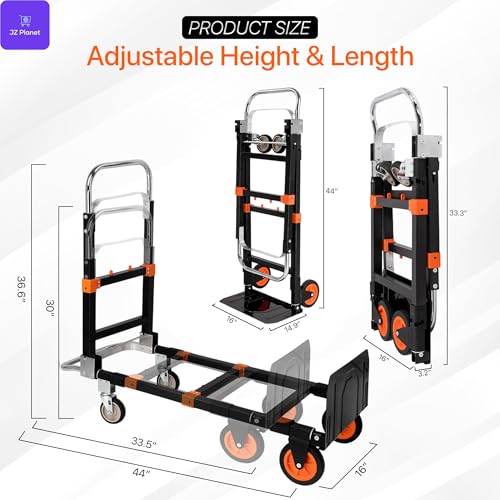 JZ Planet Folding Hand Truck - 500lbs Capacity Heavy Duty Dolly Cart - Adjustable Alloy Steel Frame with Telescoping Handle & Expandable Base - Compact, Portable Utility Trolley for Moving & Transport