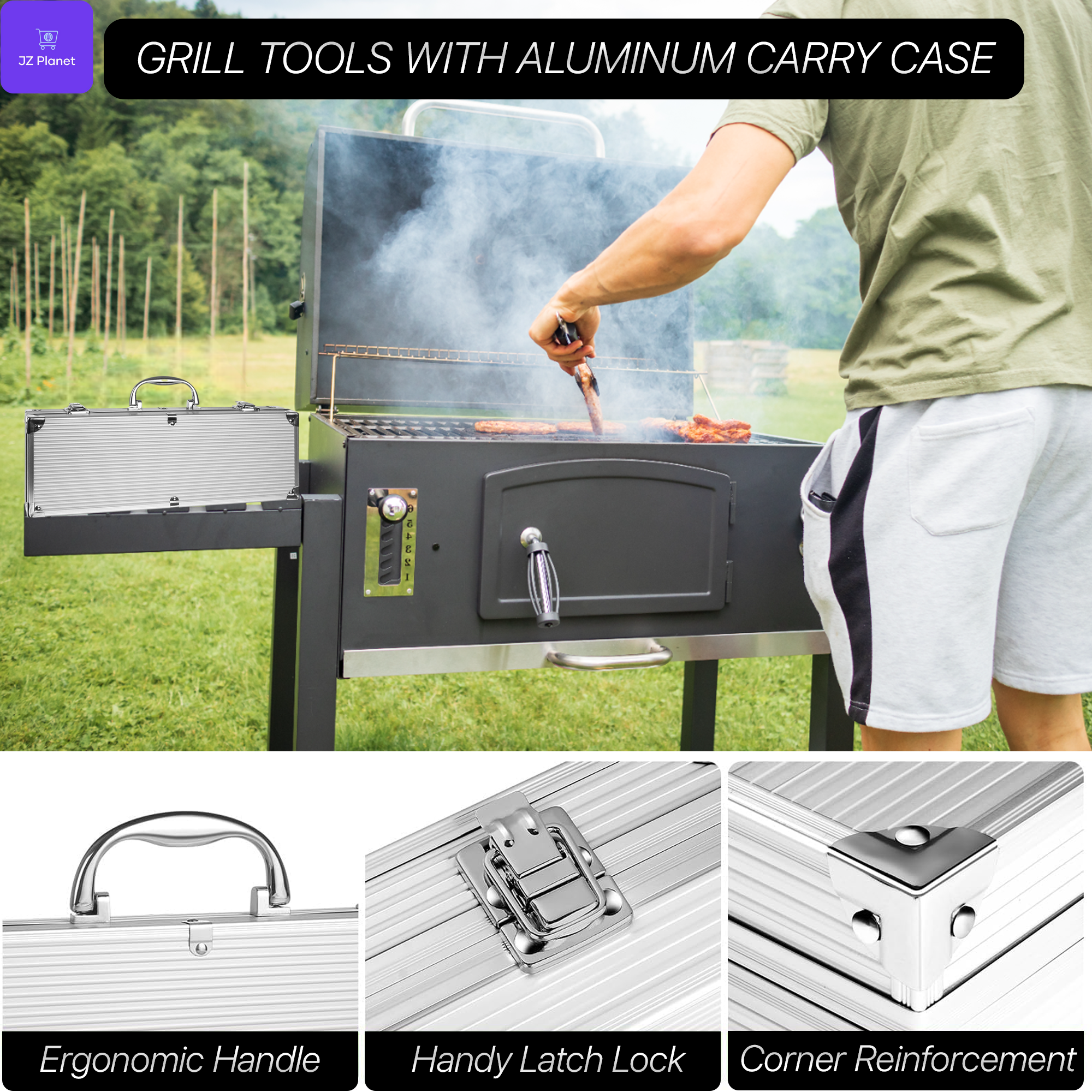 JZ Planet Barbecue Grill Tool Set – 24 PCS Stainless Steel BBQ Accessories with Storage Case – Heat-Resistant Handles, Skewers, Spatula, Tongs, Fork, Basting Brush – Grilling Kit for Outdoor Cooking