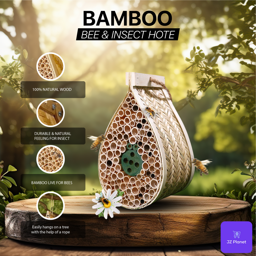 JZ Planet Bamboo Mason Beehive House – Tear Drop Pollinator Nest for Solitary Bees – Natural Garden Bee Habitat for Outdoor Beekeeping – Eco-Friendly Bamboo & Poplar Wood Insect Hotel for Yard & Balcony