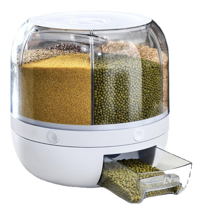 6-Grid Rotating Food Grain Dispenser - 3.6L Airtight Dry Food Storage, White