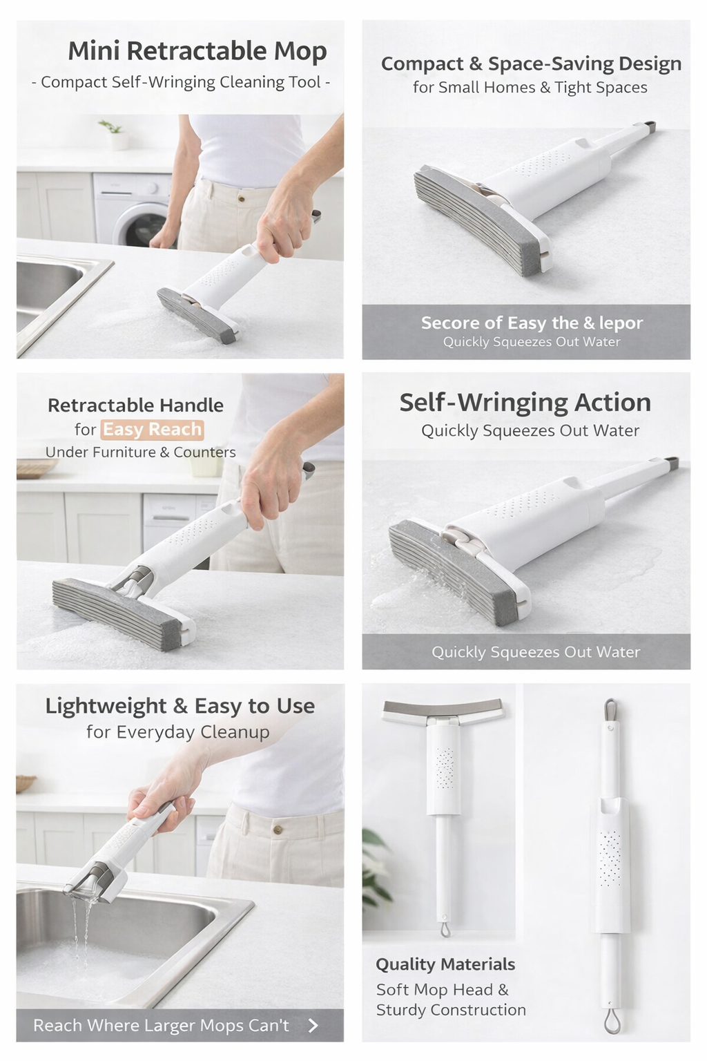 Mini Retractable Mop – Compact Self-Wringing Cleaning Tool for Small Spaces – Lightweight & Easy to Use – Reach Under Furniture, Counters & Tight Spots – Grey/White