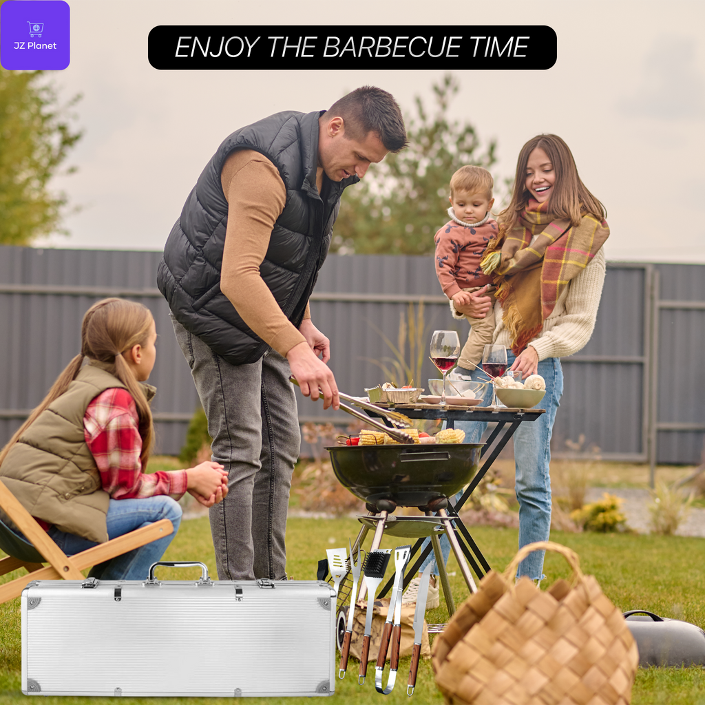 JZ Planet Barbecue Grill Tool Set – 24 PCS Stainless Steel BBQ Accessories with Storage Case – Heat-Resistant Handles, Skewers, Spatula, Tongs, Fork, Basting Brush – Grilling Kit for Outdoor Cooking