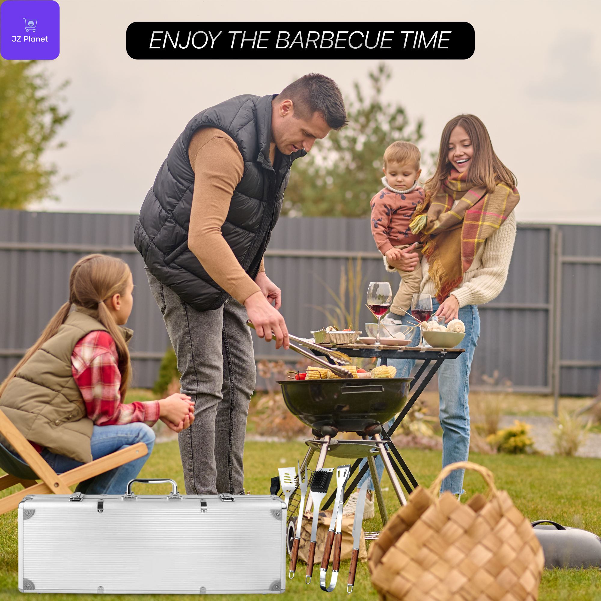 JZ Planet Barbecue Grill Tool Set – 24 PCS Stainless Steel BBQ Accessories with Storage Case – Heat-Resistant Handles, Skewers, Spatula, Tongs, Fork, Basting Brush – Grilling Kit for Outdoor Cooking