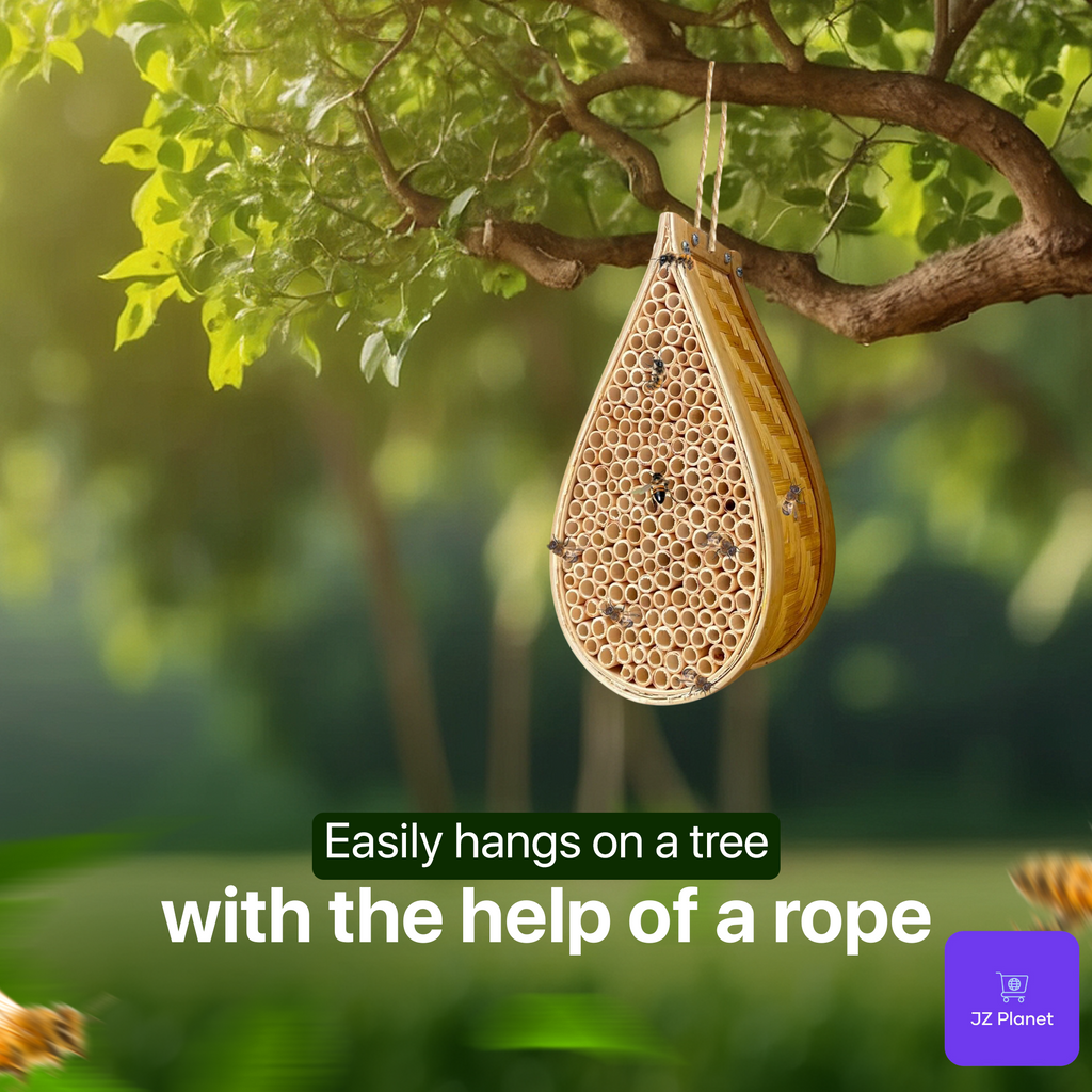 JZ Planet Bamboo Mason Beehive House – Tear Drop Pollinator Nest for Solitary Bees – Natural Garden Bee Habitat for Outdoor Beekeeping – Eco-Friendly Bamboo & Poplar Wood Insect Hotel for Yard & Balcony