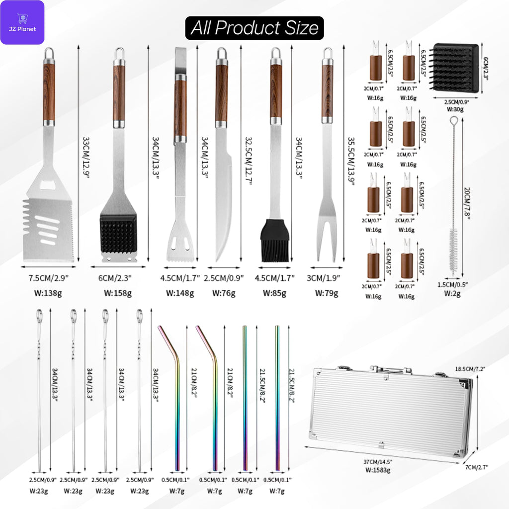 JZ Planet Barbecue Grill Tool Set - 24 PCS Stainless Steel BBQ Accessories with Storage Case - Heat-Resistant Handles, Skewers, Spatula, Tongs, Fork, Basting Brush - Grilling Kit for Outdoor Cooking