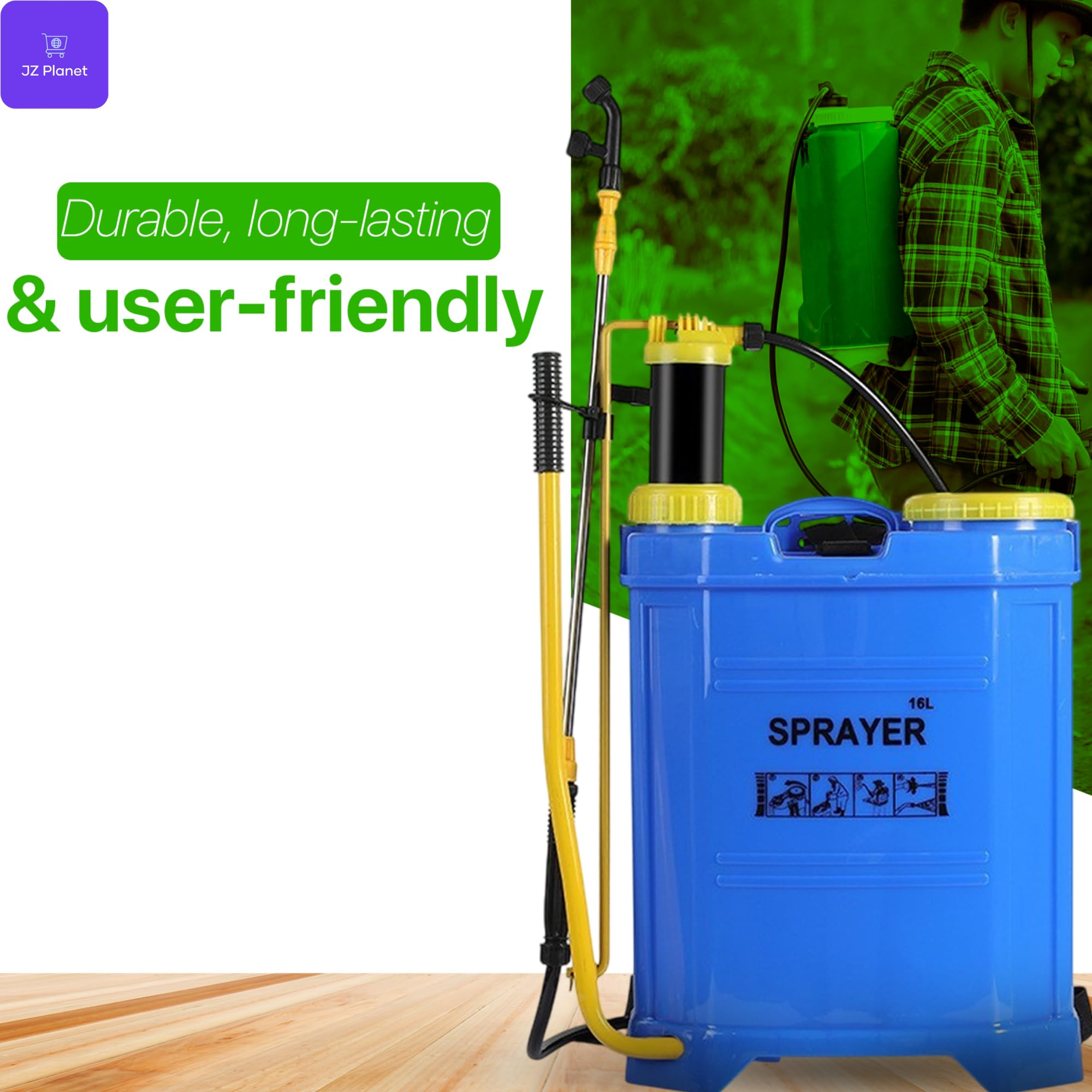 JZ Planet 16L Backpack Pressure Sprayer - Manual Pump - Comfortable Padded Straps, Adjustable Nozzle - Heavy-Duty Plastic Tank for Garden, Farm, Pest Control & Cleaning
