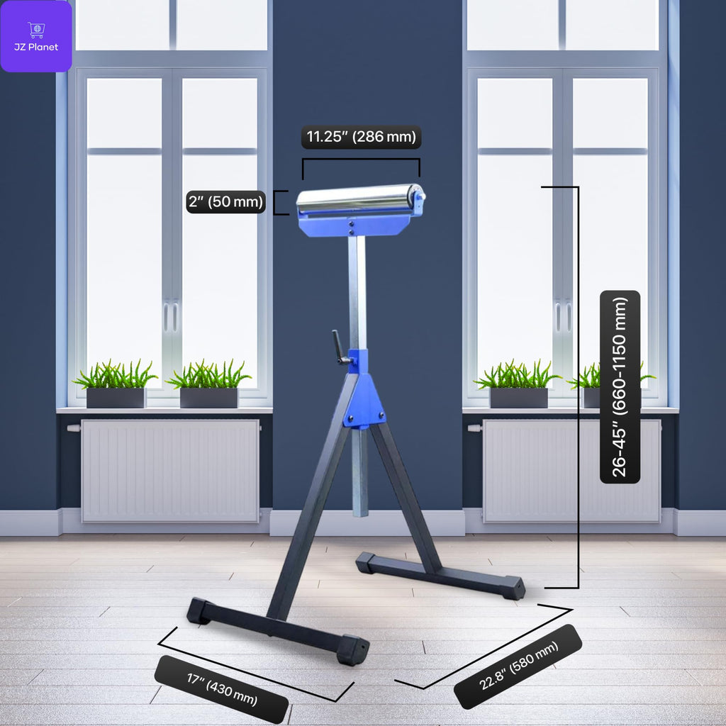 JZ Planet 1 Pack Folding Roller Stand - Heavy-Duty Steel Construction, 60kg Load Capacity - Adjustable Support Stand with Smooth Roller Head - Ideal for Woodworking, Cutting, & Material Feeding