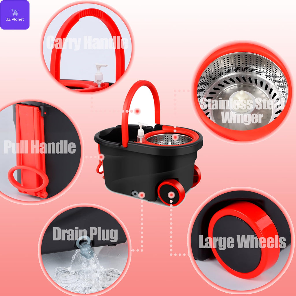 JZ Planet Spin Mop & Bucket Set with 2 Microfiber Mop Heads – 360° Rotating Stainless Steel Handle (90–120cm), Durable ABS Bucket – Compact Cleaning System for Home, Office & Multi-Surface Floors