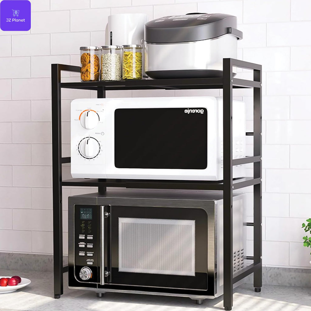 JZ Planet Microwave Double Shelf - 2-Tier Adjustable Metal Rack with Hooks, Knife Holder, Cutting Board & Chopstick Organizer - Space-Saving Counter Storage Rack (Black/White)