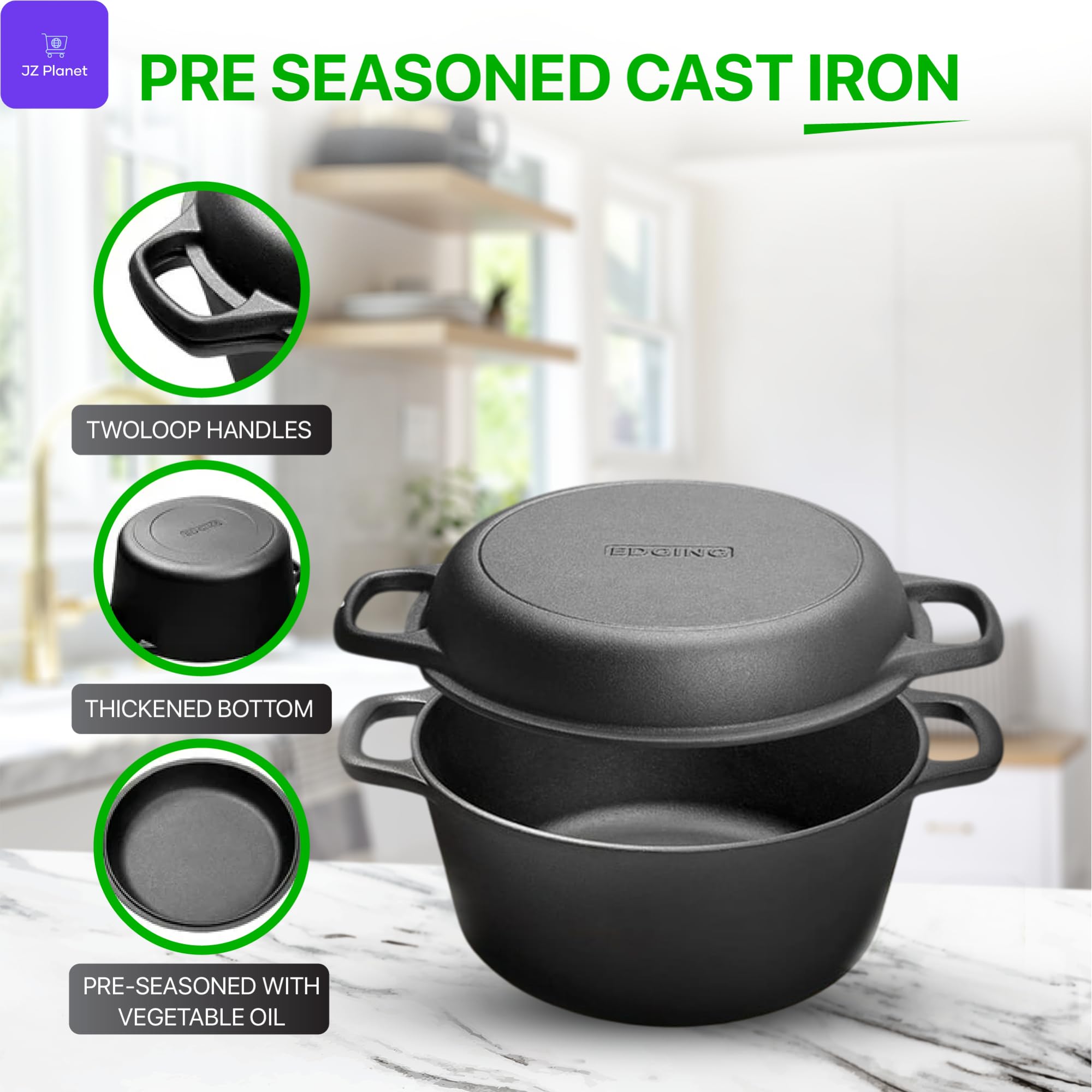 JZ Planet 6L Cast Iron Pot with Functional Pan Lid - 2-in-1 Dutch Oven & Skillet Combo, 4.8L Capacity, 32cm - Heavy-Duty Cast Iron Casserole with Lid/Grill Pan - For Stovetop, Oven & Campfire Cooking