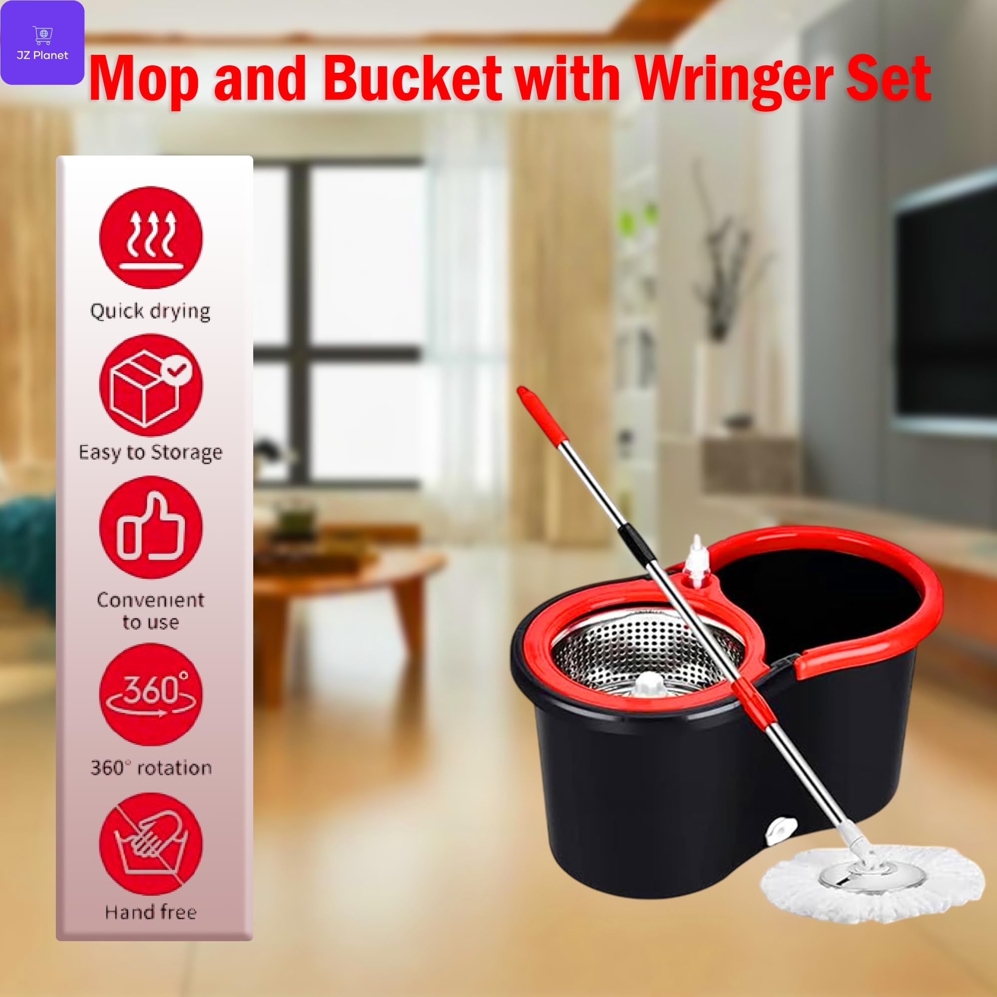 JZ Planet Spin Mop & Bucket Set with 2 Microfiber Mop Heads – 360° Rotating Stainless Steel Handle (90–120cm), Durable ABS Bucket – Compact Cleaning System for Home, Office & Multi-Surface Floors