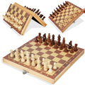 JZ Planet Wooden Chess & Checkers 2-in-1 Game Set - Folding Magnetic Board with Storage & Drawstring Bag - Premium Wooden Pieces - Travel Friendly Strategy Board Game for Kids & Adults