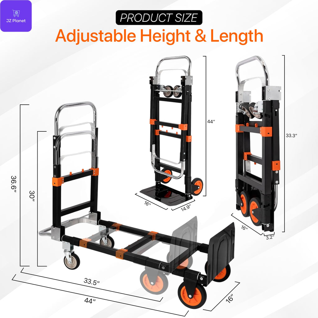 JZ Planet Folding Hand Truck - 500lbs Capacity Heavy Duty Dolly Cart - Adjustable Alloy Steel Frame with Telescoping Handle & Expandable Base - Compact, Portable Utility Trolley for Moving & Transport