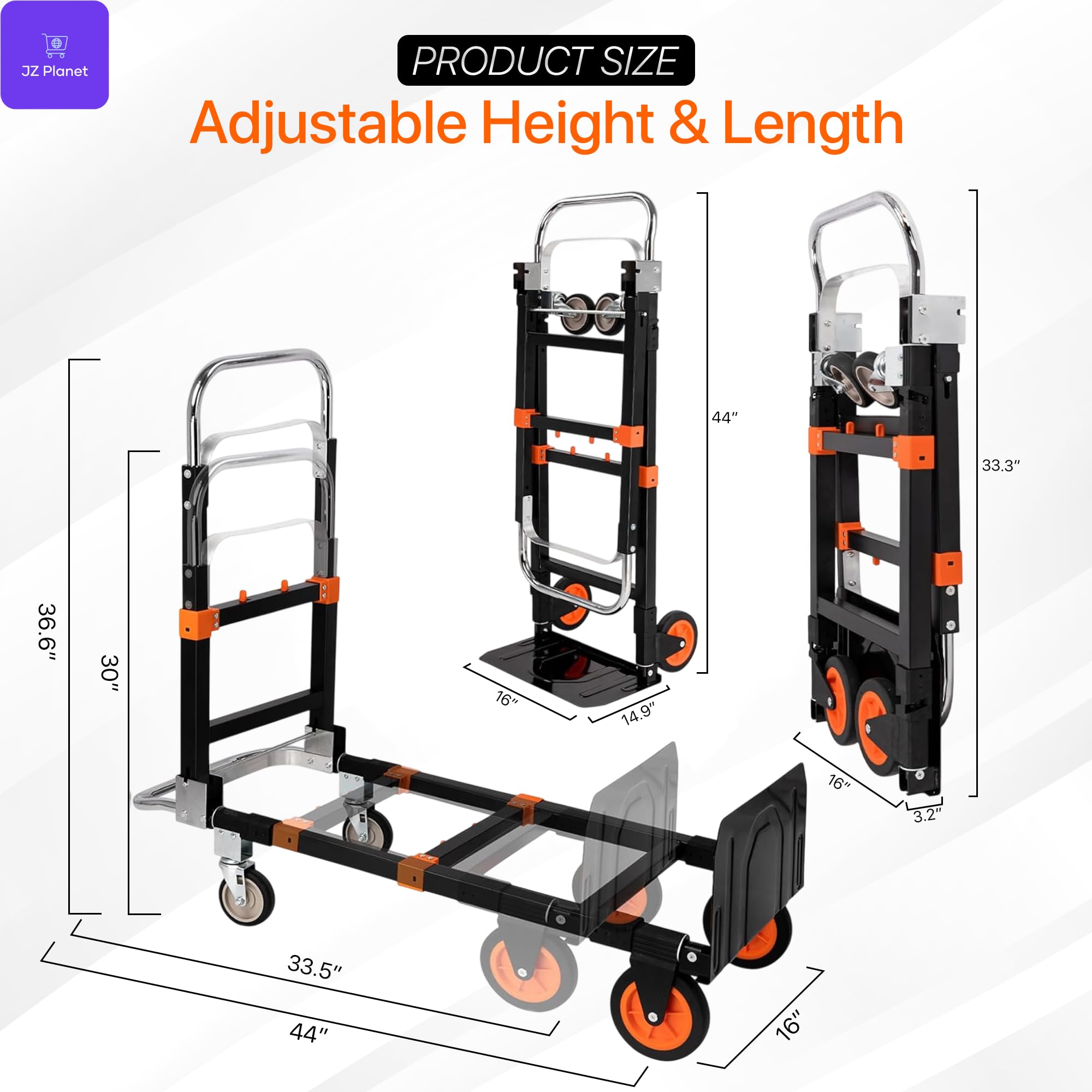 JZ Planet Folding Hand Truck - 500lbs Capacity Heavy Duty Dolly Cart - Adjustable Alloy Steel Frame with Telescoping Handle & Expandable Base - Compact, Portable Utility Trolley for Moving & Transport