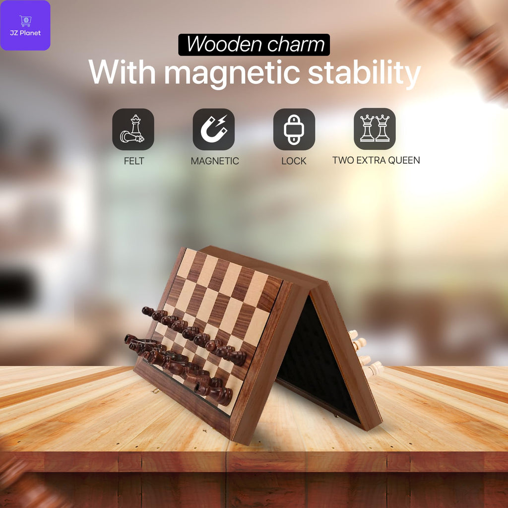 JZ Planet Wooden Chess & Checkers 2-in-1 Game Set - Folding Magnetic Board with Storage & Drawstring Bag - Premium Wooden Pieces - Travel Friendly Strategy Board Game for Kids & Adults