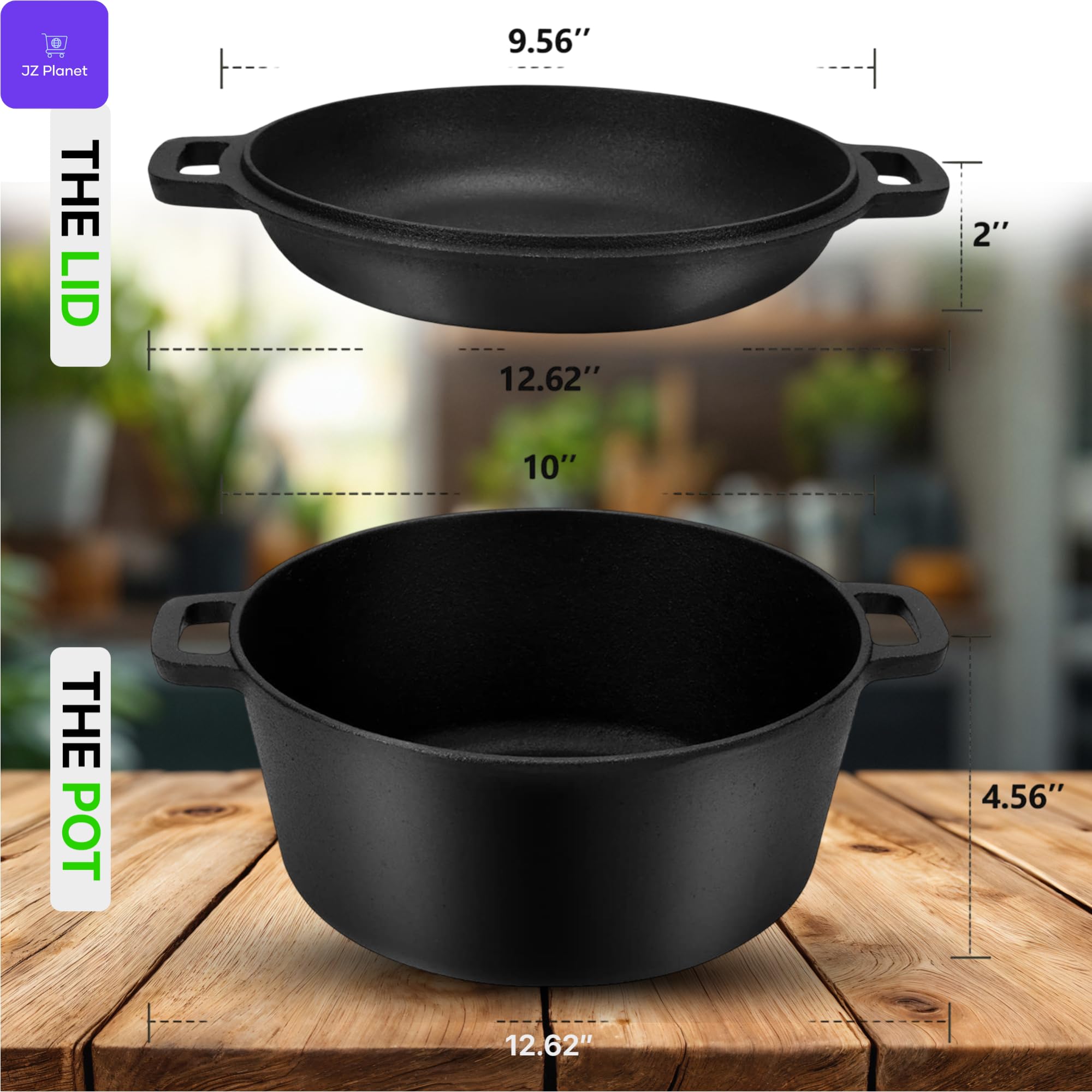 JZ Planet 6L Cast Iron Pot with Functional Pan Lid - 2-in-1 Dutch Oven & Skillet Combo, 4.8L Capacity, 32cm - Heavy-Duty Cast Iron Casserole with Lid/Grill Pan - For Stovetop, Oven & Campfire Cooking