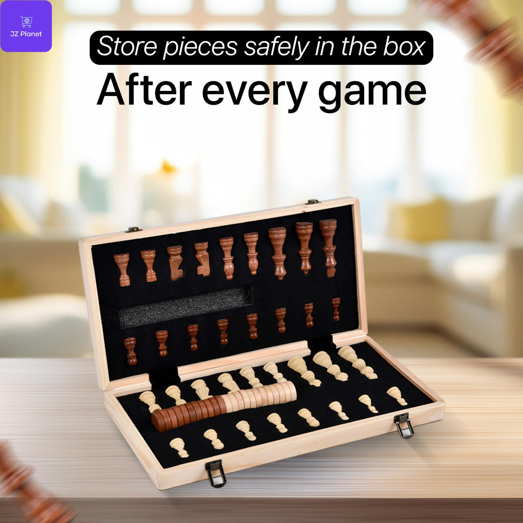 JZ Planet Wooden Chess & Checkers 2-in-1 Game Set - Folding Magnetic Board with Storage & Drawstring Bag - Premium Wooden Pieces - Travel Friendly Strategy Board Game for Kids & Adults