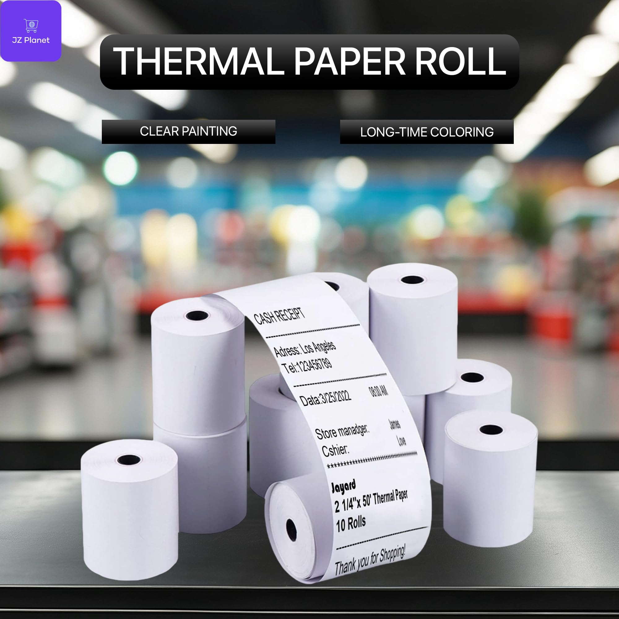 JZ Planet 5X Thermal Paper Rolls - 8x8cm Receipt Paper Made from Pure Wood Pulp - BPA-Free, Jam-Free, Fade-Resistant POS Paper - Compatible with Most Thermal Printers & Cash Registers