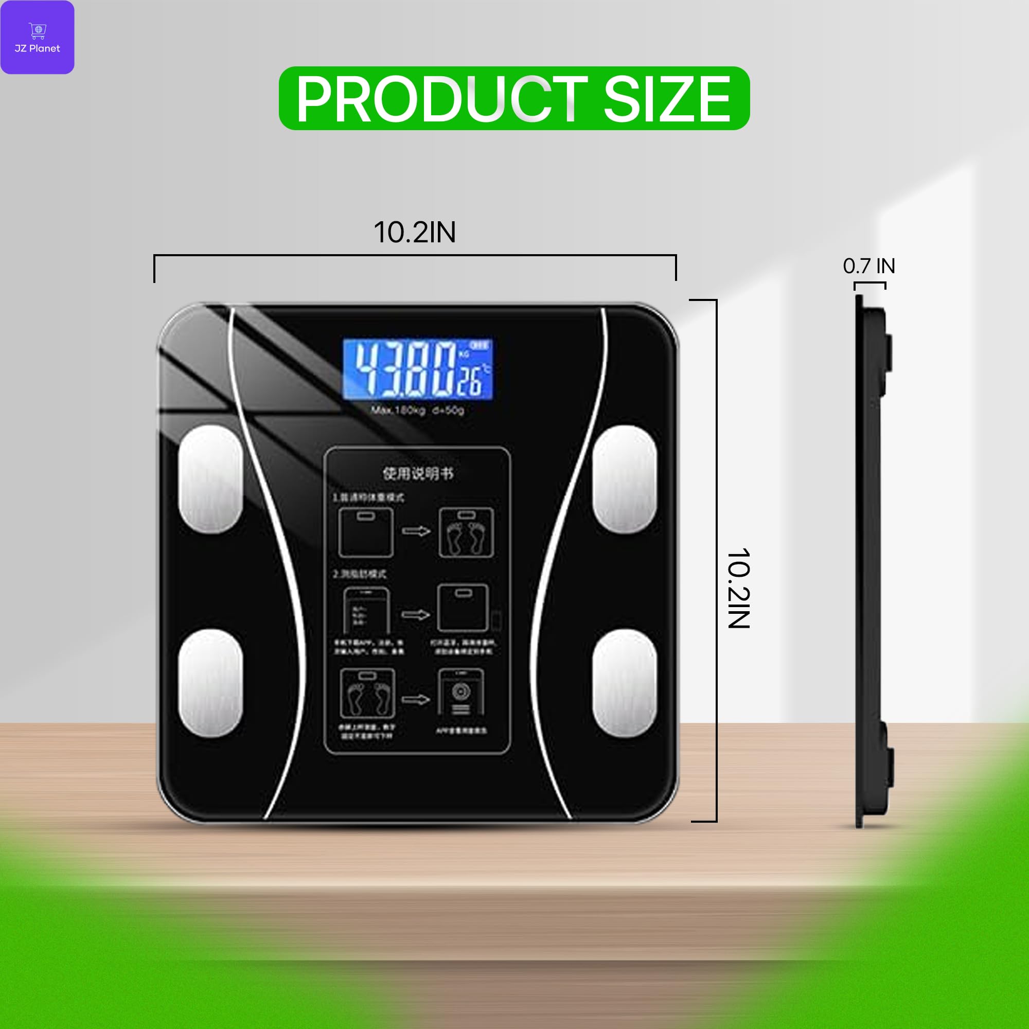 JZ Planet Bluetooth Smart Body Fat Scale - White Digital Weight Scale with App Sync, USB Rechargeable, 13 Body Metrics, LED Display - Slim ABS+Glass Design for Home, Gym, Fitness & Wellness Tracking