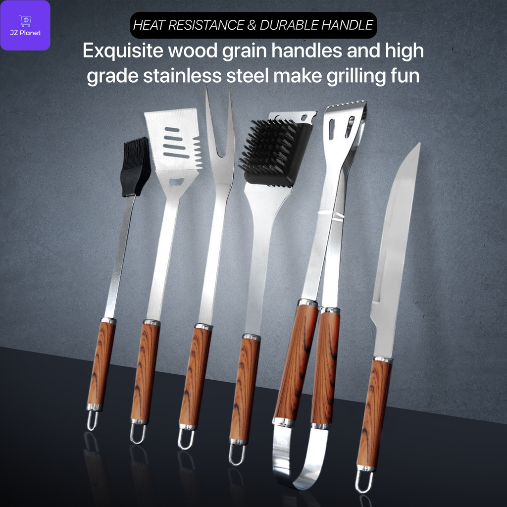 JZ Planet Barbecue Grill Tool Set – 24 PCS Stainless Steel BBQ Accessories with Storage Case – Heat-Resistant Handles, Skewers, Spatula, Tongs, Fork, Basting Brush – Grilling Kit for Outdoor Cooking