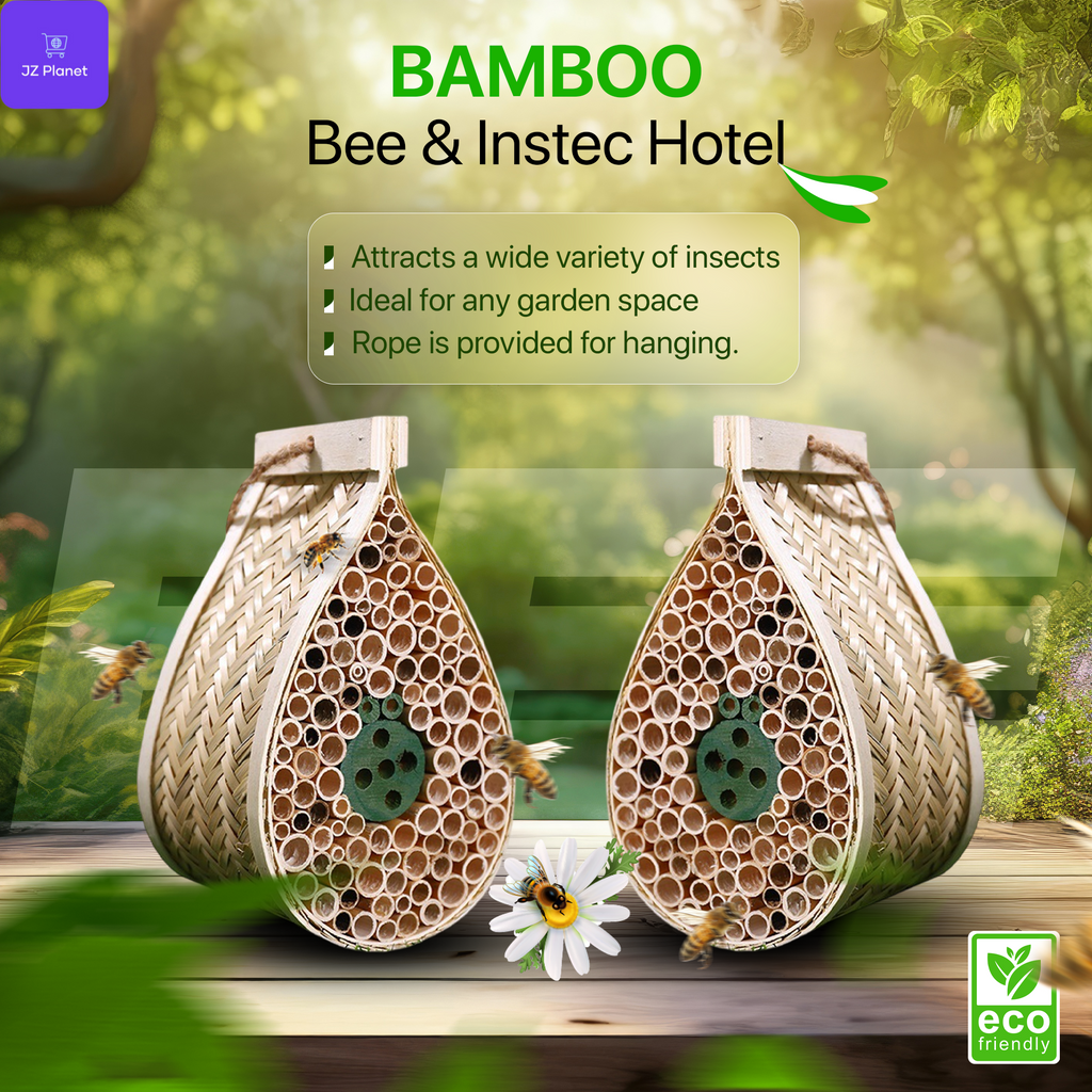JZ Planet Bamboo Mason Beehive House – Tear Drop Pollinator Nest for Solitary Bees – Natural Garden Bee Habitat for Outdoor Beekeeping – Eco-Friendly Bamboo & Poplar Wood Insect Hotel for Yard & Balcony