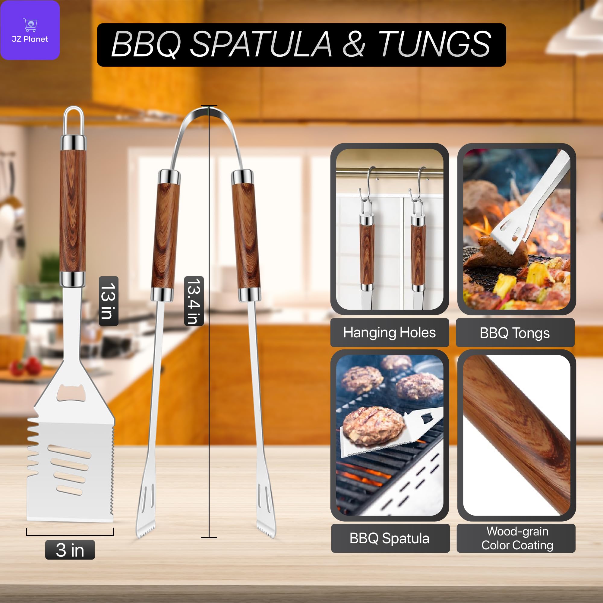 JZ Planet Barbecue Grill Tool Set - 24 PCS Stainless Steel BBQ Accessories with Storage Case - Heat-Resistant Handles, Skewers, Spatula, Tongs, Fork, Basting Brush - Grilling Kit for Outdoor Cooking