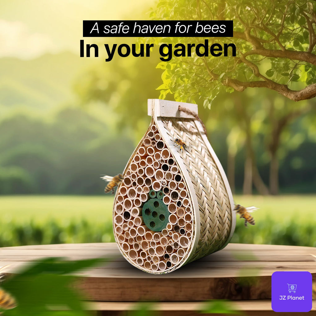 Bamboo Mason Beehive House - Tear Drop Pollinator Nest for Solitary Bees - Natural Garden Bee Habitat for Outdoor Beekeeping - Eco-Friendly Bamboo & Poplar Wood Insect Hotel for Yard & Balcony