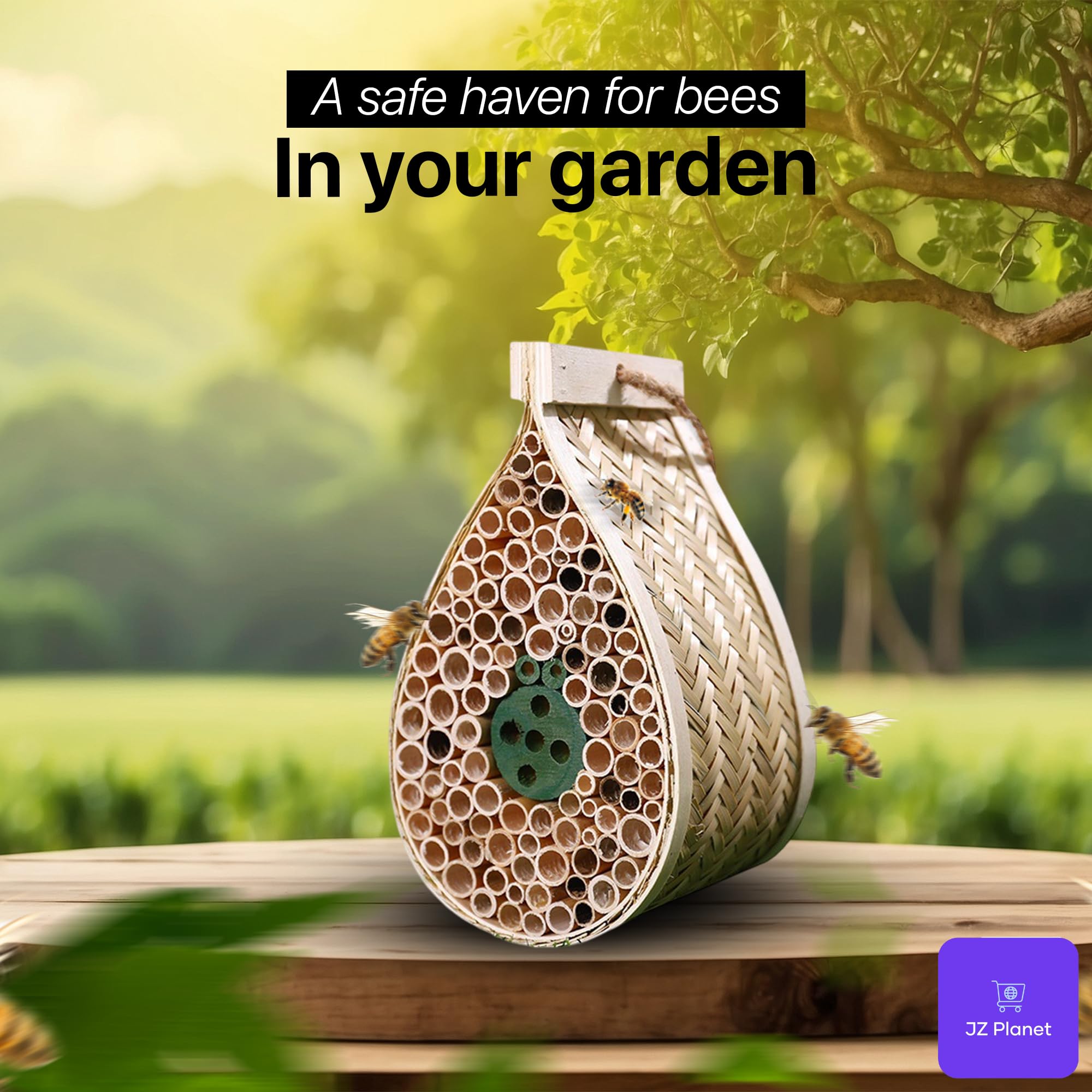 Bamboo Mason Beehive House - Tear Drop Pollinator Nest for Solitary Bees - Natural Garden Bee Habitat for Outdoor Beekeeping - Eco-Friendly Bamboo & Poplar Wood Insect Hotel for Yard & Balcony