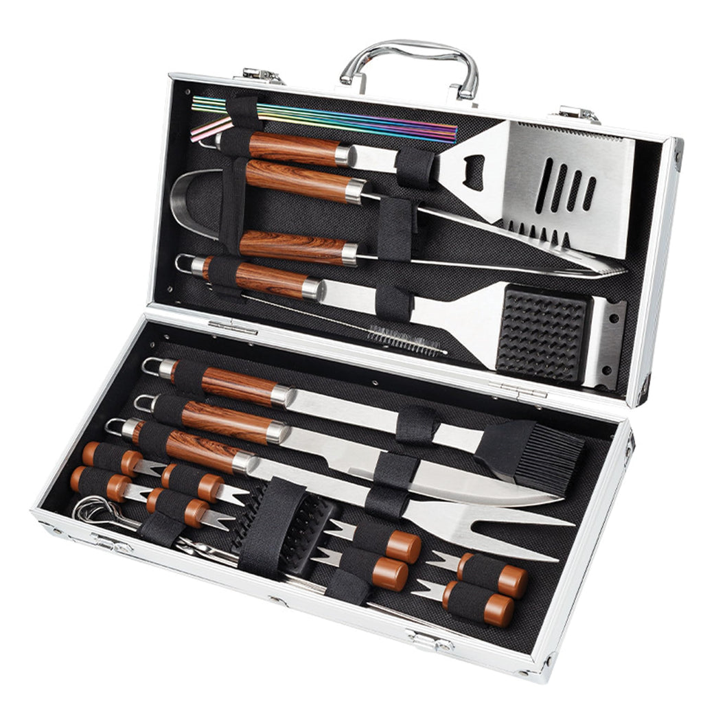 JZ Planet Barbecue Grill Tool Set - 24 PCS Stainless Steel BBQ Accessories with Storage Case - Heat-Resistant Handles, Skewers, Spatula, Tongs, Fork, Basting Brush - Grilling Kit for Outdoor Cooking
